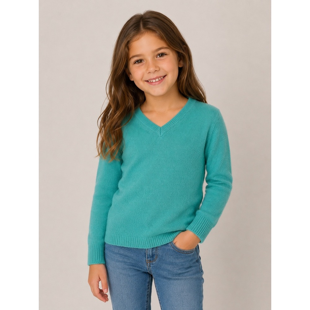 CARAMEL Kids Girl Boy Turquoise V Neck Cashmere Pullover Sweater Size 6 Flawed